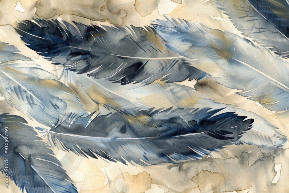 Poster a cluster of blue feathers on a white background