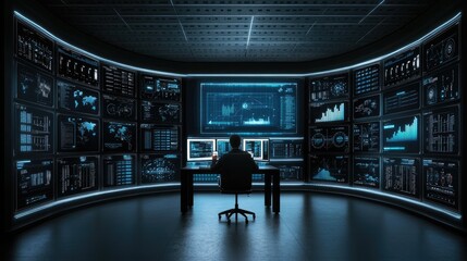 A data analyst examines financial charts and graphs on several computer screens in a contemporary office setting during the evening