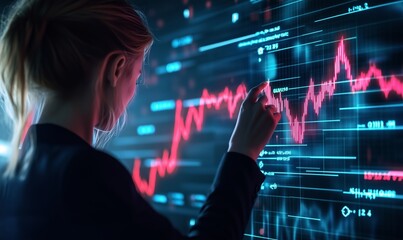 Businesswoman analyzing falling stock market graph on a digital screen . Financial crisis and stock market crash concept for design and print.