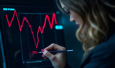Businesswoman analyzing falling stock market graph . Financial crisis and stock market crash concept for design and print
