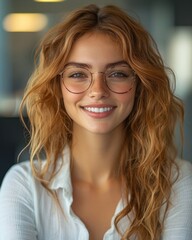 Obraz premium A woman with curly hair smiles warmly in a chic office setting, exuding confidence and warmth