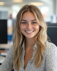 A young woman smiles brightly while working at her computer in a contemporary office environment