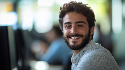 Fototapeta premium A young man smiles confidently while working at his desk in a vibrant office environment