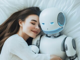 Young woman peacefully cuddling with advanced humanoid robot on bed expressing warmth and connection