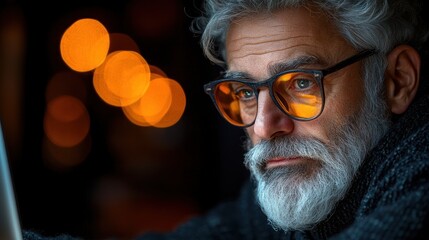 An older man focuses intently on his laptop, illuminated by warm ambient lights