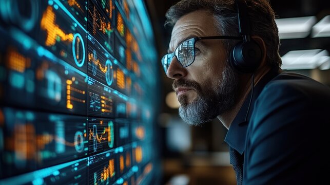 A serious analyst studies complex data visualizations in a contemporary office environment