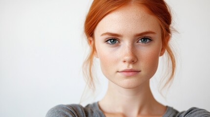 Naklejka premium A young woman with striking features poses confidently against a simple backdrop