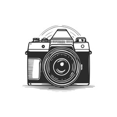 Hand drawn professional digital camera isolated on white. Black and white ink illustration.