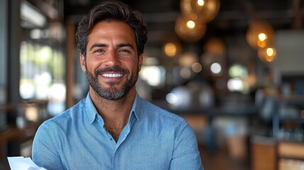 Fototapeta premium A man smiles broadly while holding a piece of paper in a stylish café