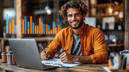 Obraz premium A young man in an orange shirt smiles while analyzing data at his laptop