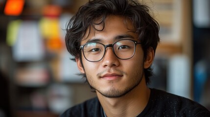 Obraz premium A young man smiles while sitting in a café, creating a warm and inviting atmosphere