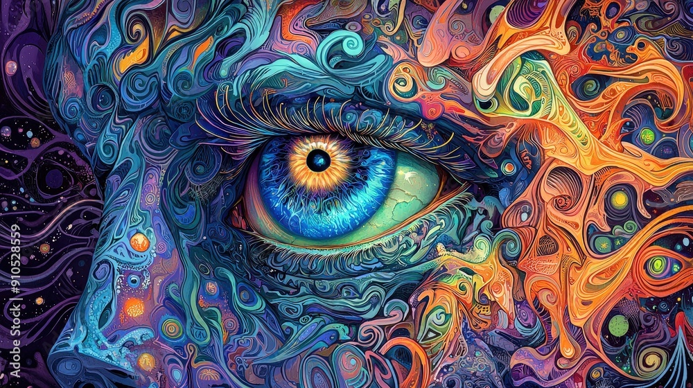 Poster A vibrant and intricate eye design emerges from a swirl of colors and patterns, creating a stunning visual experience