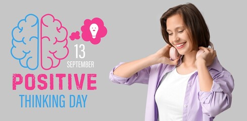 Banner for Positive Thinking Day with young woman with headphones