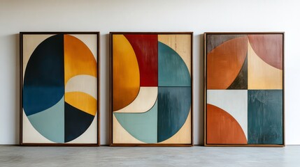 Three framed abstract geometric paintings with warm colors.