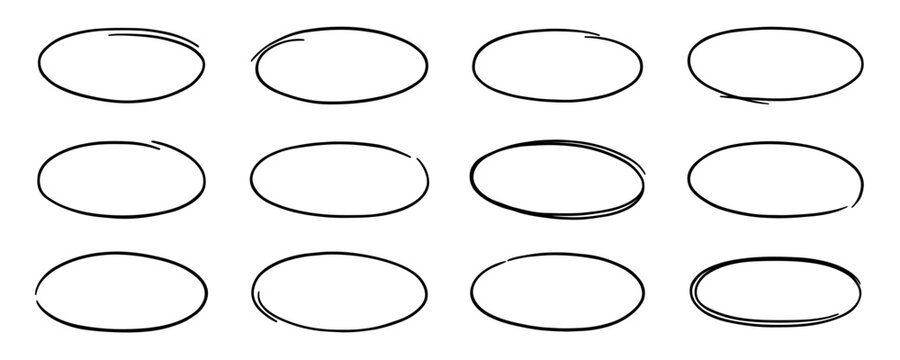 Black circle highlight, pen ovals doodle. Marker ellipses frames in sketch style. Hand drawn vector illustration isolated on white background