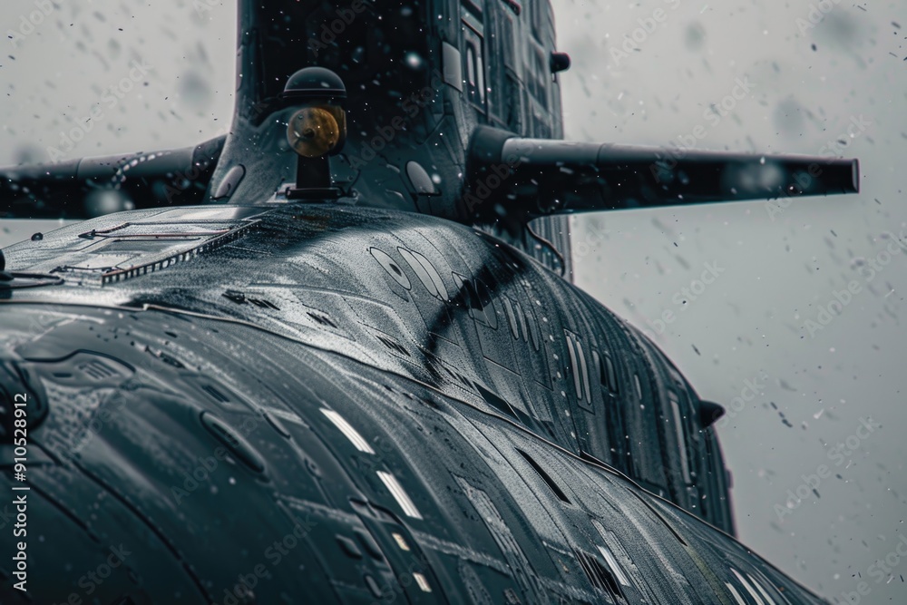 Poster a submarine is submerged in water with rain falling around it, useful for backgrounds or concept art