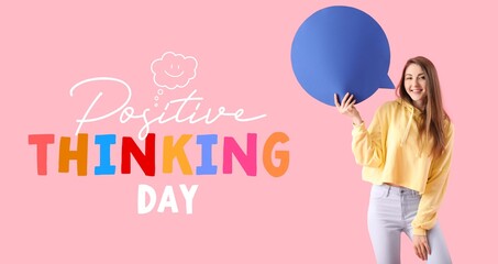 Banner for Positive Thinking Day with happy young woman holding speech bubble