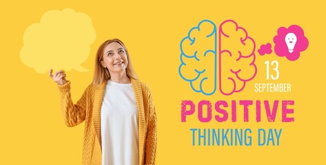 Banner for Positive Thinking Day with happy mature woman holding speech bubble