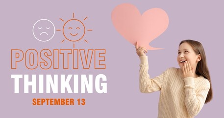 Banner for Positive Thinking Day with happy little girl holding speech bubble