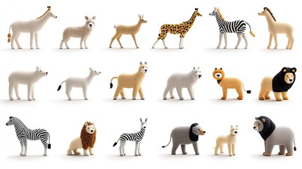 Obraz premium A delightful array of knitted animal toys features various adorable designs, arranged creatively on a soft, neutral-colored surface