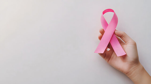 woman holds a pink cancer awareness ribbon on a white surface