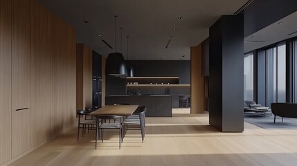 A modern kitchen showcases black cabinetry, a spacious island, and ample natural light flooding in from large windows. The design emphasizes minimalism and sophistication
