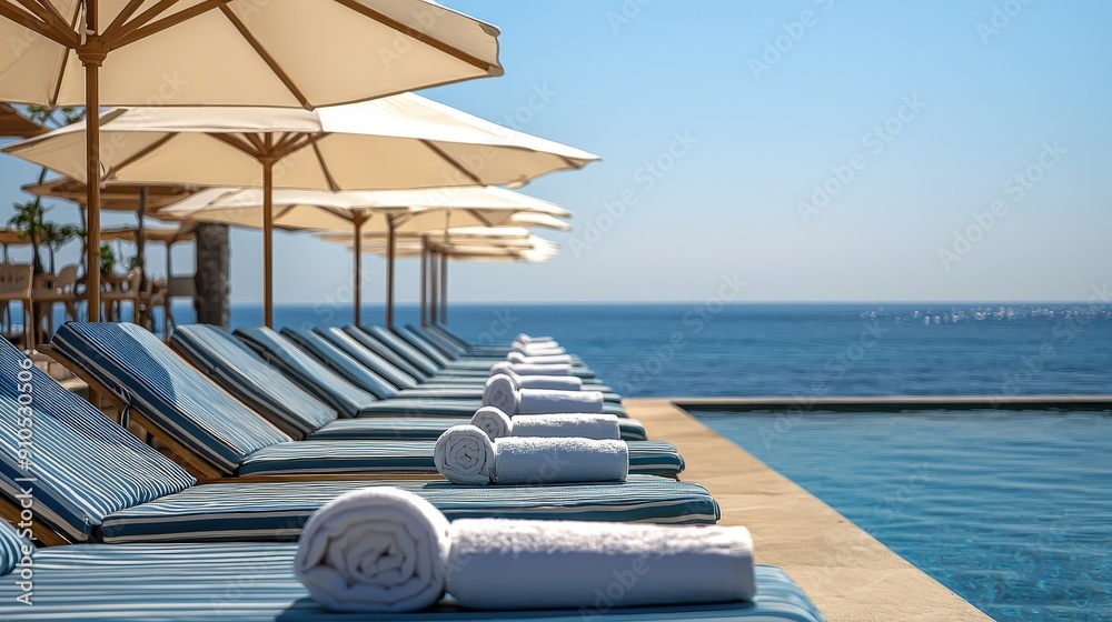 Poster Sun loungers with rolled towels line the edge of a refreshing pool with a stunning ocean view under clear blue skies