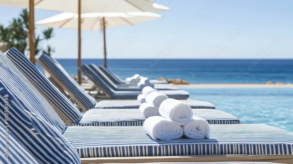 Poster Sun loungers arranged along a pool edge with neatly stacked towels, offering a tranquil ocean view on a bright, clear day