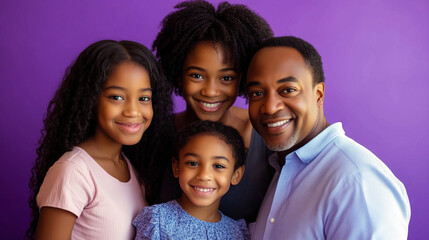 Happy African American Family of Four Smiling Against Purple Background