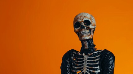 Skeleton in leather jacket on bright orange background. Banner, copy space. Halloween theme