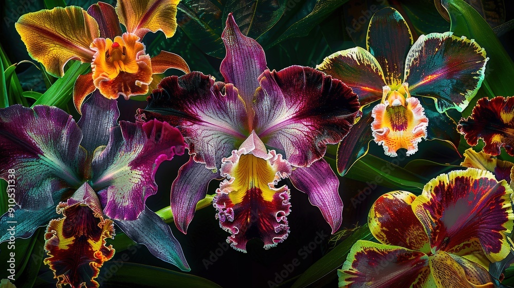 Poster exquisite orchids showcase their lush colors and intricate patterns in a serene botanical garden set