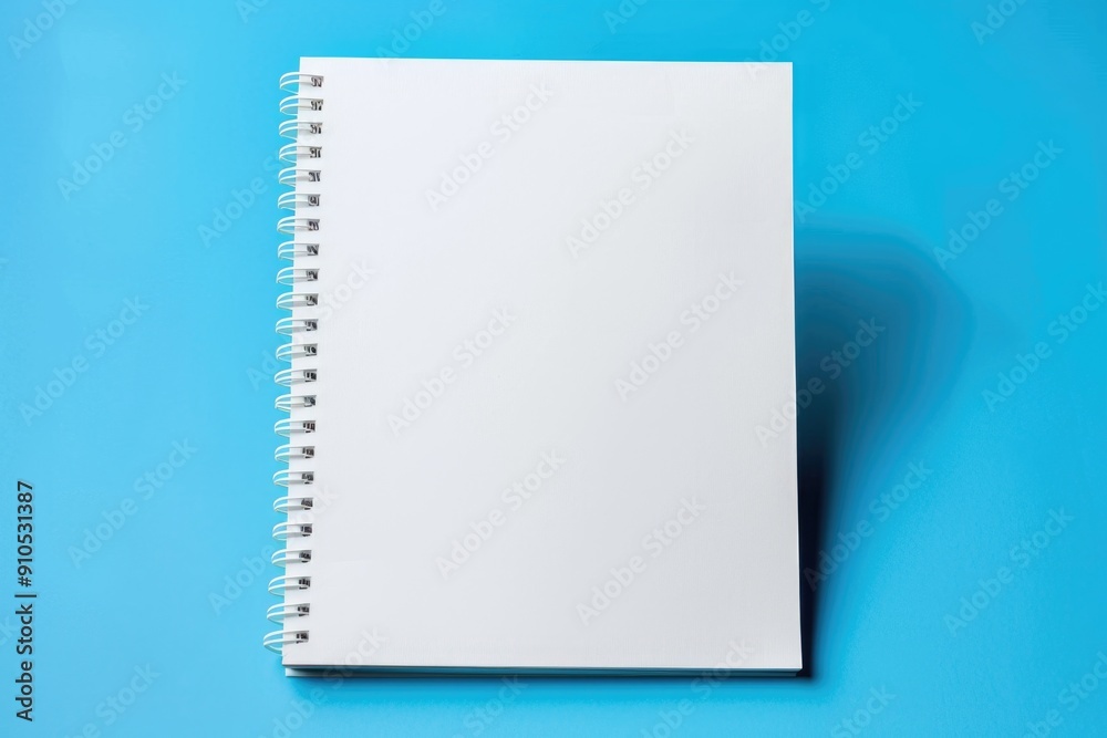 Poster a simple and clean scene of a white spiral notebook placed on a blue surface, ready for writing or d