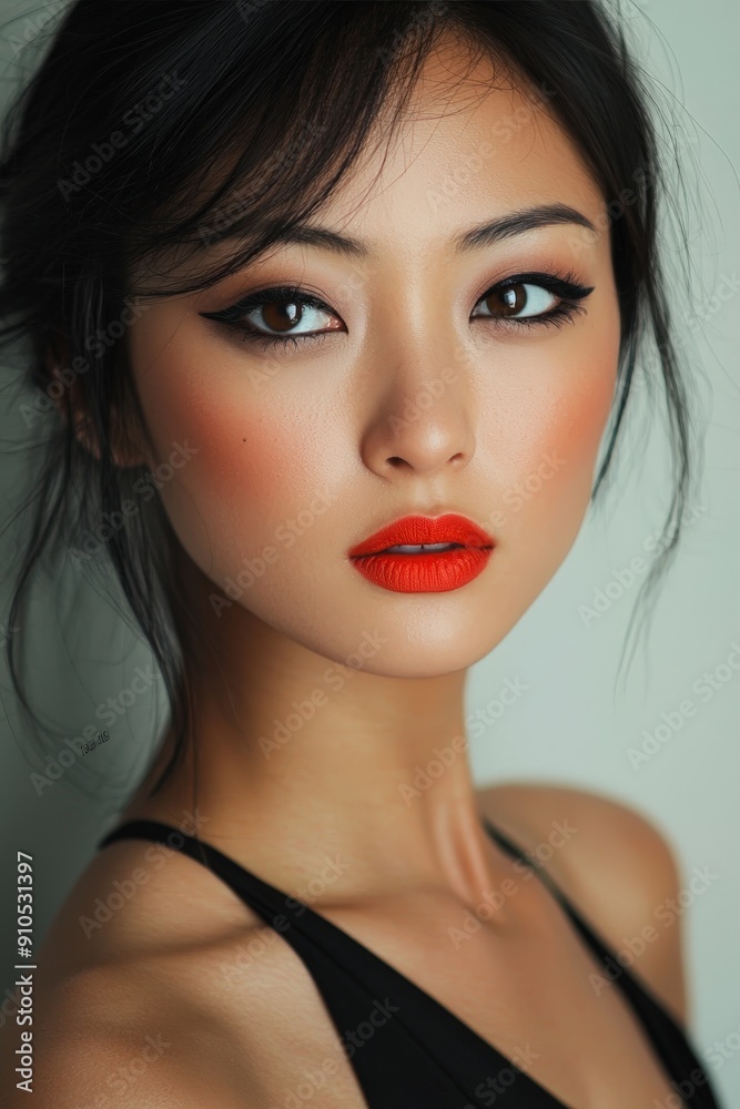 Poster A woman poses with striking makeup, featuring bold red lips and defined eyes, showcasing her beauty in soft lighting