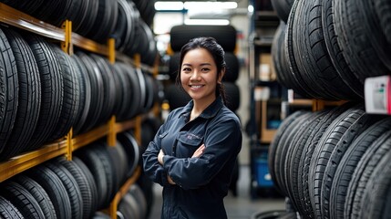 A confident young woman stands with arms crossed in an auto repair shop, surrounded by neatly organized tires on shelves