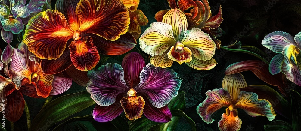 Poster Colorful orchids bloom in various shades, showcasing their intricate patterns and textures against a dark background, creating a striking visual contrast