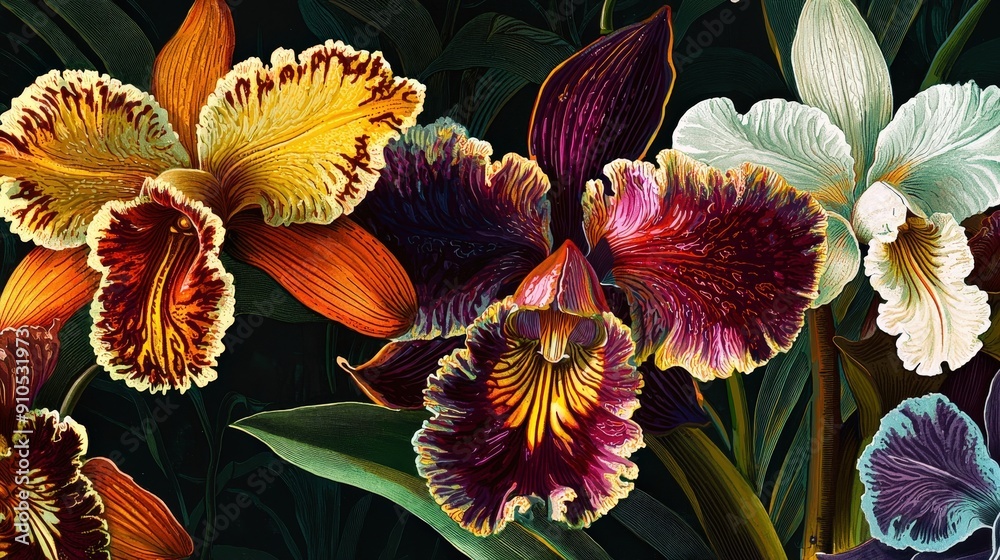 Poster a stunning display of colorful orchids showcases diverse shapes and intricate details surrounded by 