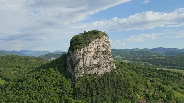 Panoramic mountain view near the village of Saou in the Drome department in France of the Vercors hills, the marly hills and the Val de Drome valley. The Saou forest and the 3 peaks - Drome Valley