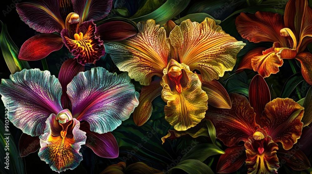 Poster A stunning array of colorful orchids showcases their intricate patterns and vibrant hues among lush, dark green leaves