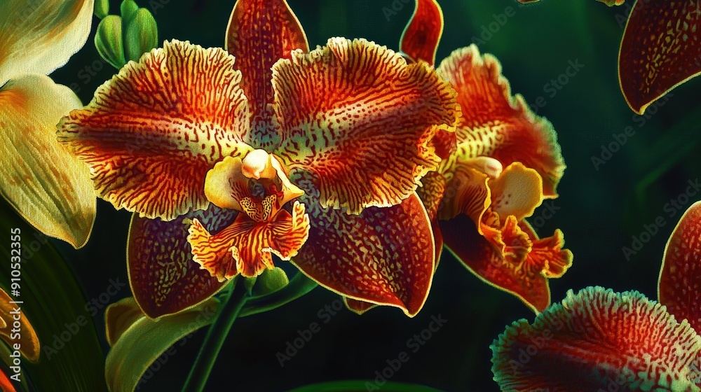 Poster colorful orchids display intricate patterns and vibrant hues in a tropical garden, illuminated by th