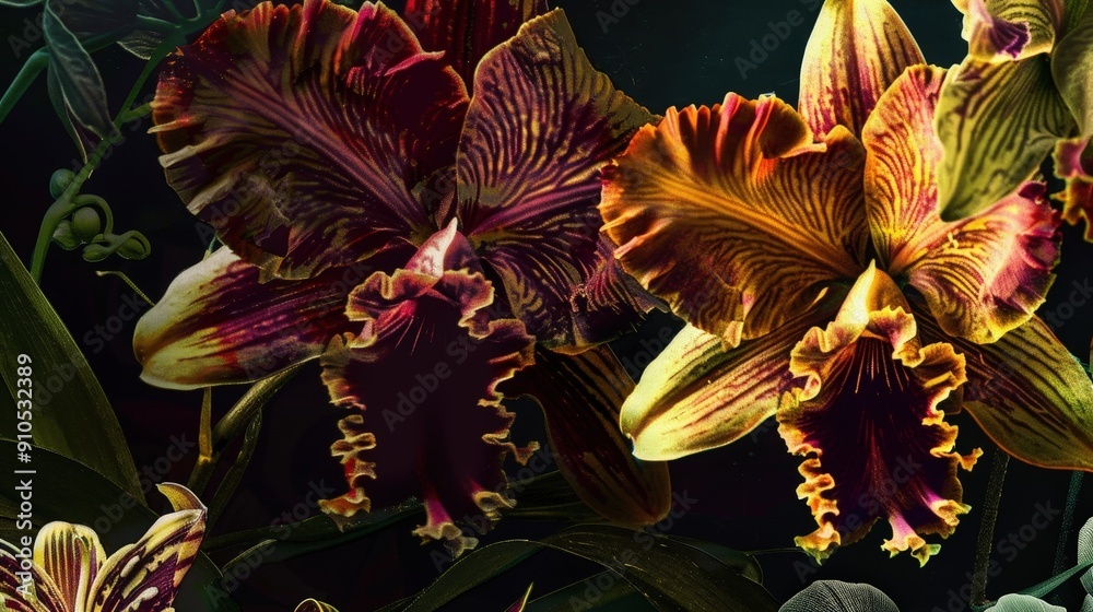 Aufkleber Two stunning orchids showcase intricate patterns and vibrant colors while surrounded by rich foliage in a tranquil tropical setting