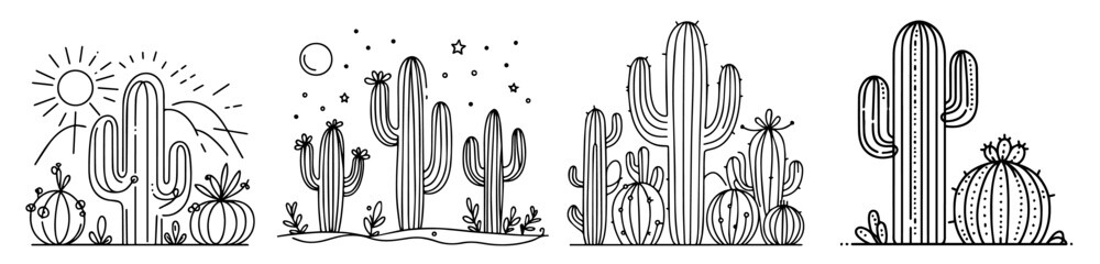 stylish cactus designs in line art black and white vector set © Luka