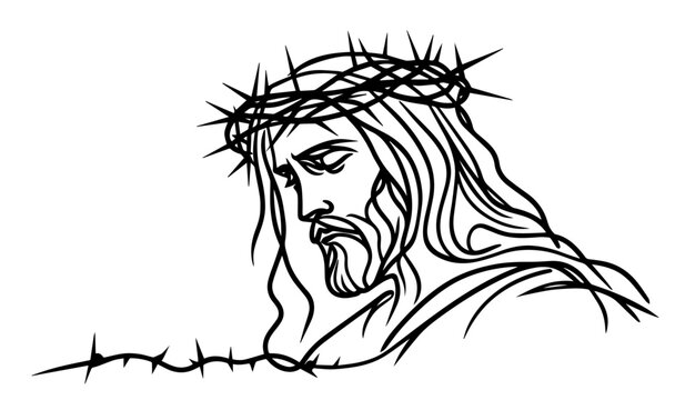 recommend clip art: line art portrait of jesus christ with thorns black and white vector