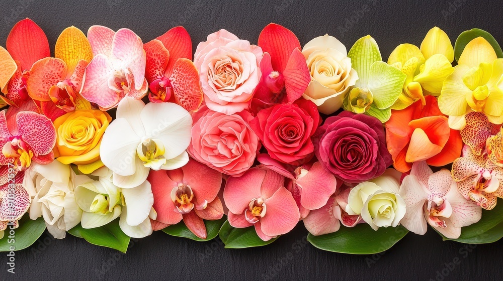 Poster a vibrant display of diverse flowers including roses and orchids lines a dark surface, showcasing a 