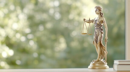 Lady Justice stands tall, blindfolded, with scales and a sword, symbolizing fairness and law, against a backdrop of stacked law books in an office environment
