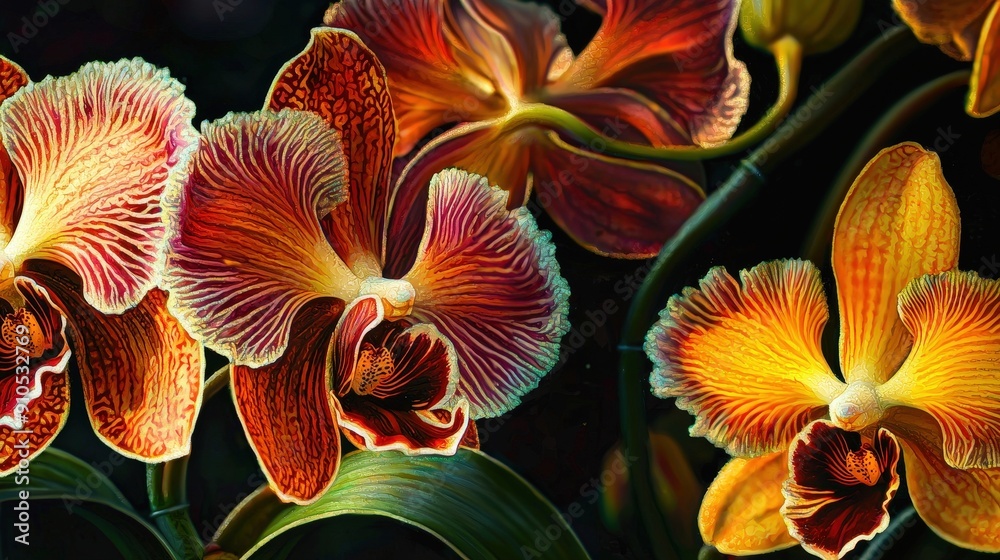 Aufkleber bright orange and yellow orchids display intricate patterns while thriving in a lush tropical enviro