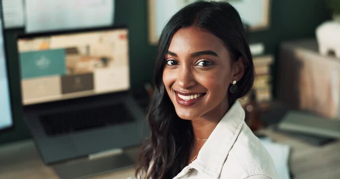 Face, fashion designer and smile with woman employee in office for creative development or planning, Computer, retail and portrait of happy clothes stylist in workplace of small business startup