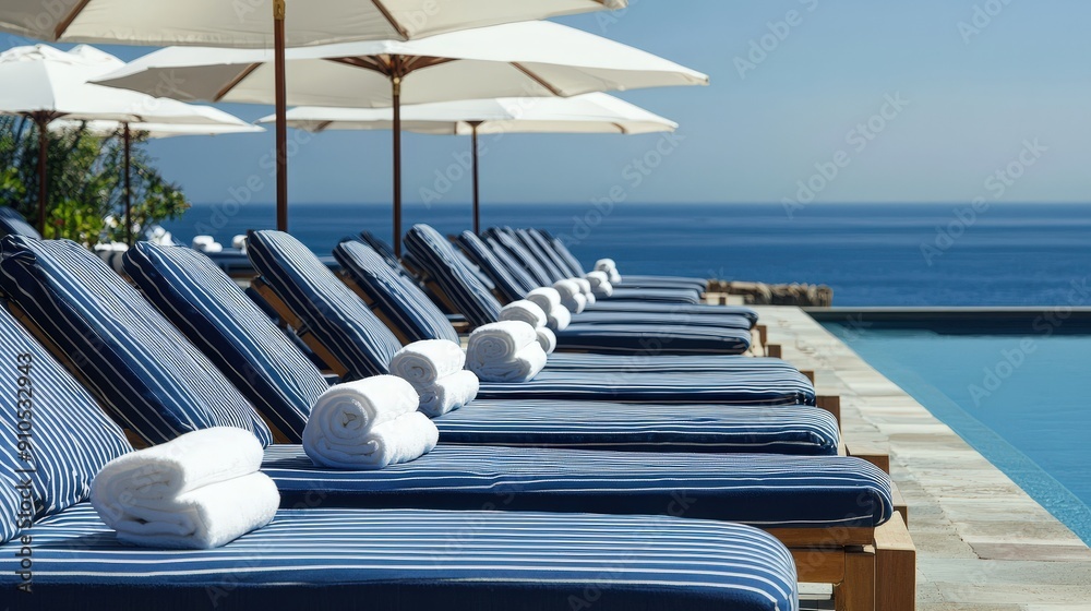 Poster sun loungers arranged neatly by a serene pool, offering a perfect view of the ocean on a bright day