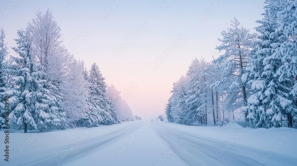 Wall mural A tranquil winter morning features a snow-covered road lined with frosted trees, creating a serene atmosphere as daylight begins to break