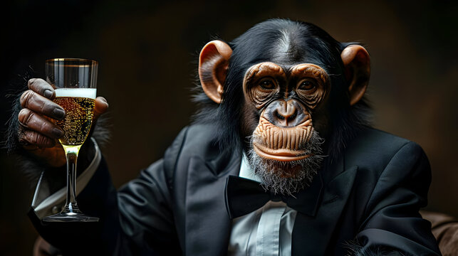 Chimpanzee in a Suit Holding a Glass of Champagne - Realistic Image - Powered by Adobe