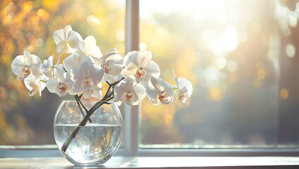 White orchid flowers in a glass vase on a table against a blurred...